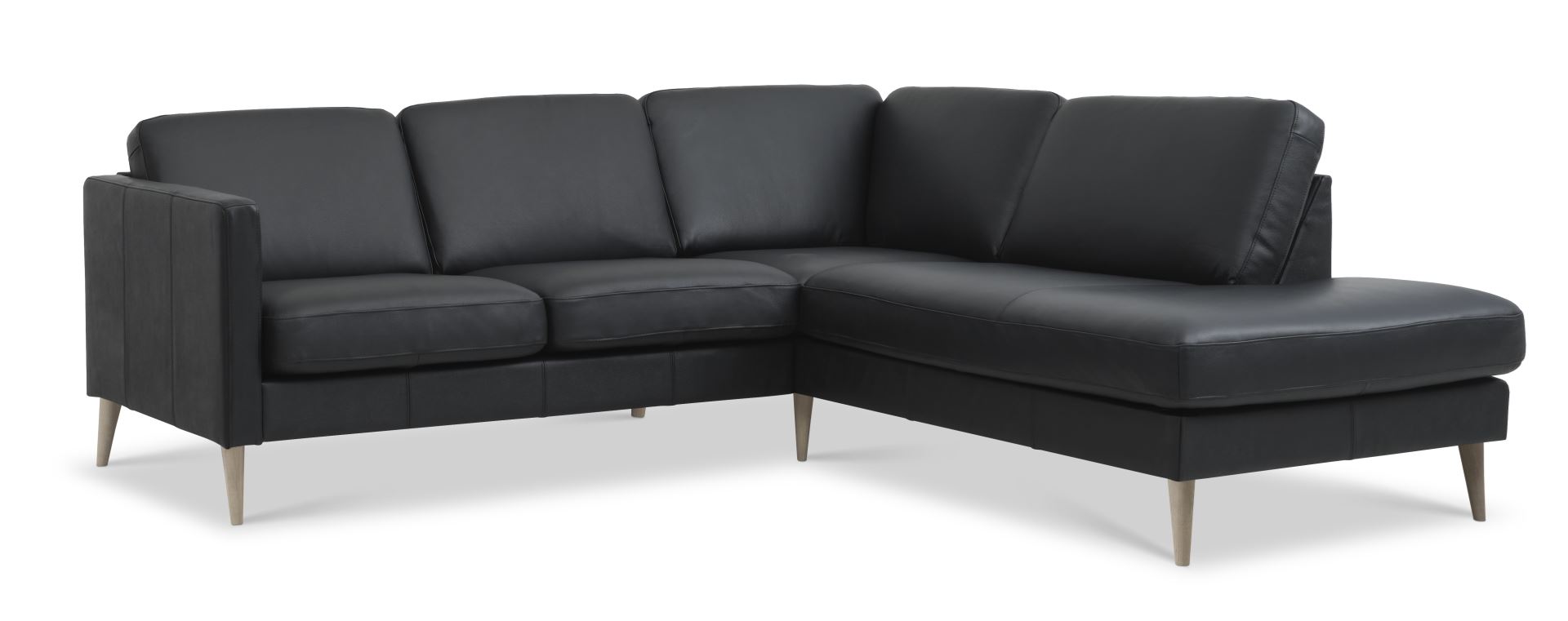 Ask Sæt 53 Lille   Sofa     Højre Chaiselong Sort Semianilin Læder   Natur Træ