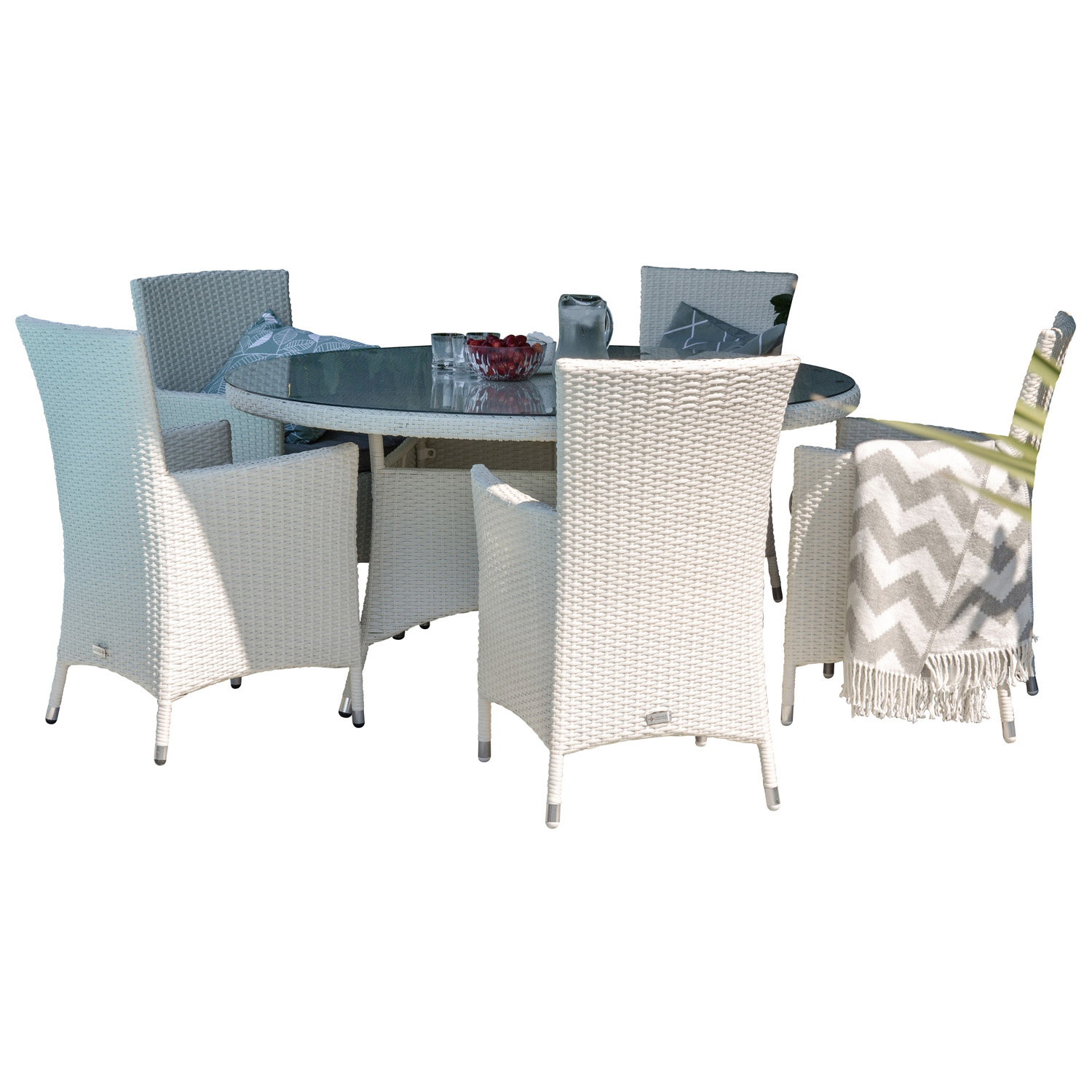 Venture Design Havesæt    Volta Bord    150      Malin Stole    Armlæn   Hynde Hvid Rattan Glas
