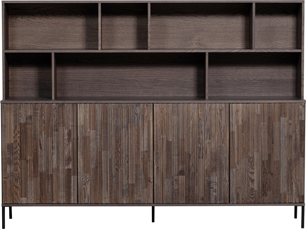 Highboard Woood Exclusive New Gravure   Brun Ask Med Præget Døre   Sorte Metalben   H150ã B200ã D44