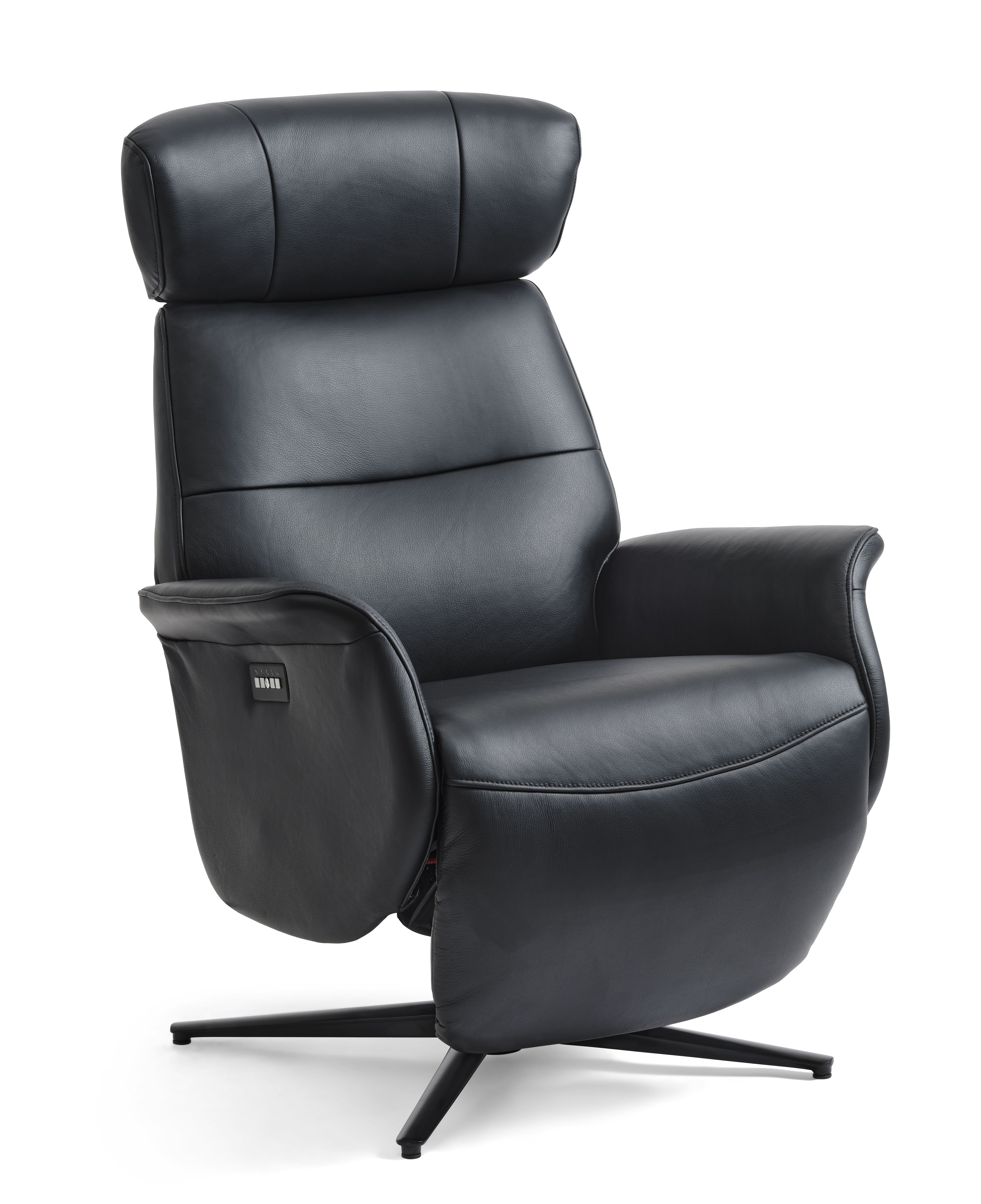 Alex Recliner Lænestol   Motors Sort Semi Aniline Læder   Sort Aluminium