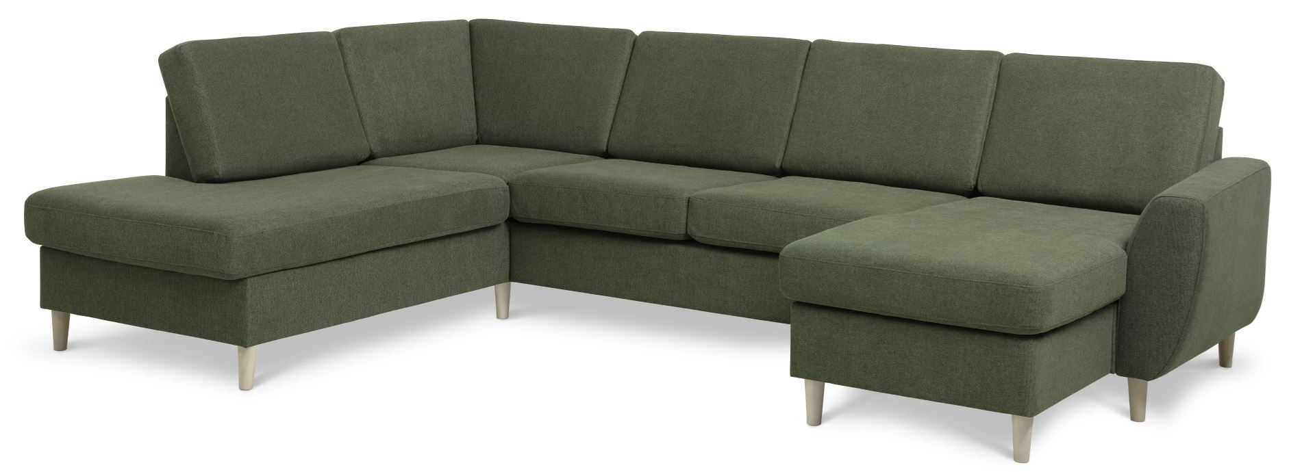 Wendy U-Sofa med Chaiselong i Mosgrønt Stof og Træ