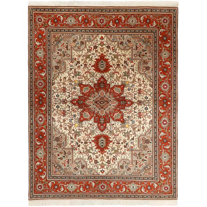 Håndlavet Tabriz Tæppe i Beige/Rød – Traditionel Skønhed