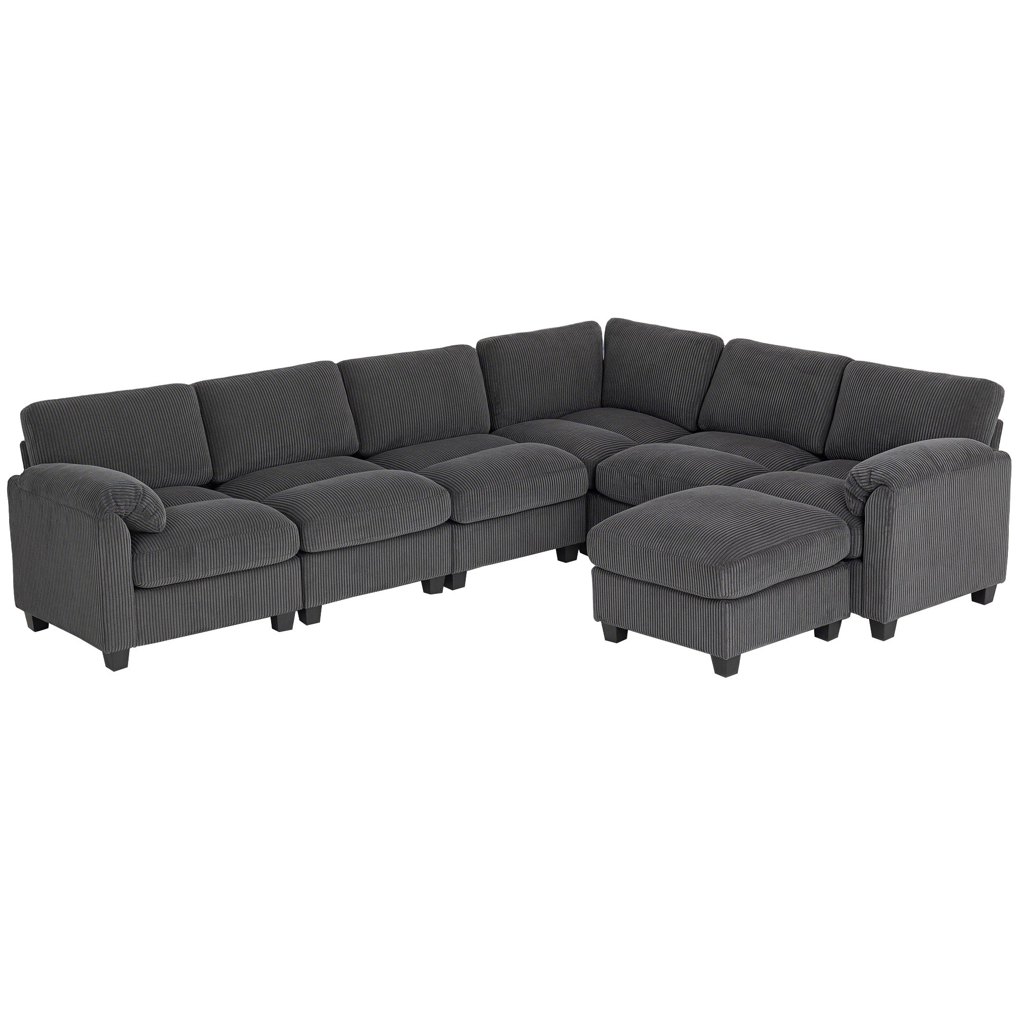 Hjørnesofa   -formet Sofa  Sofa Med Fjederbetræk  Polstrede Armlæn  Bevægelig Puf  Corduroy  292x224x85    Mørkegrå